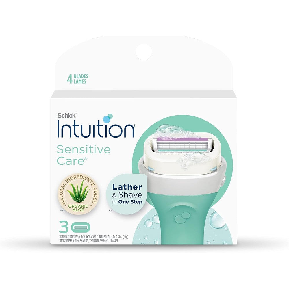 Schick Intuition Sensitive Skin Womens Razor Refills front view of three pack packaging for smooth shaving.