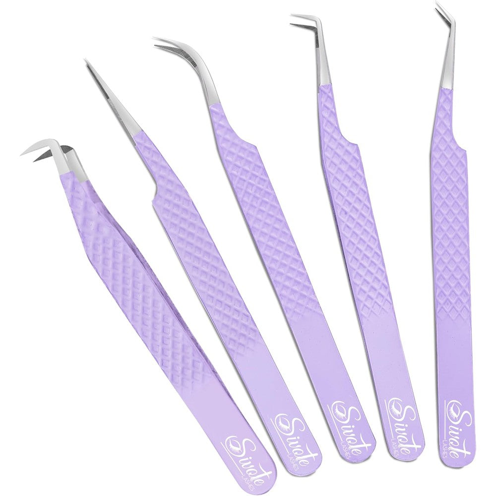 SIVOTE lash tweezers set front view showing five purple extension tools