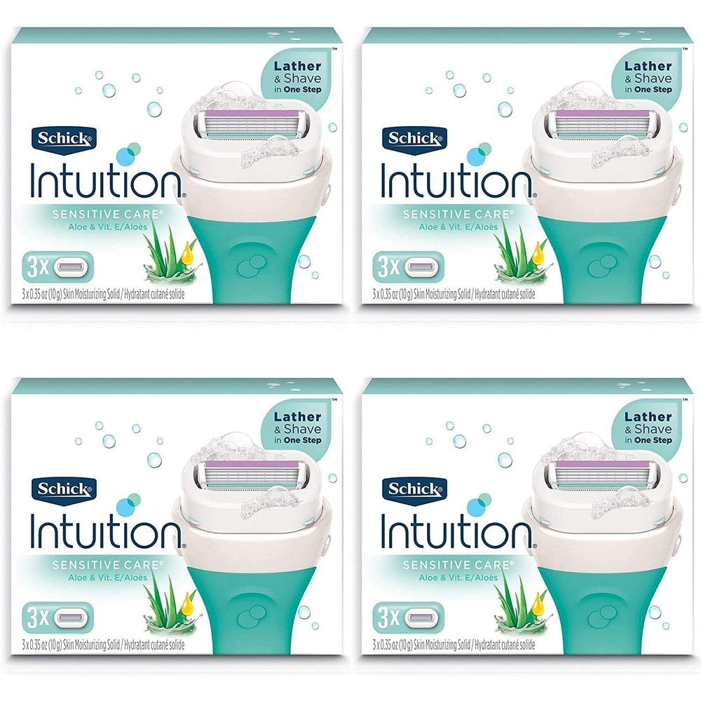 Schick Intuition Pure Nourishment womens razor refills four pack front view featuring coconut milk and almond oil branding