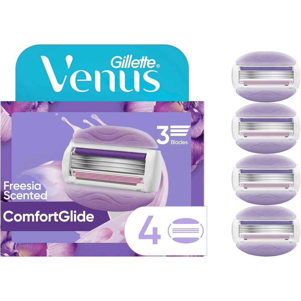 Gillette Venus ComfortGlide Freesia women's razor refills front packaging view showing four cartridges