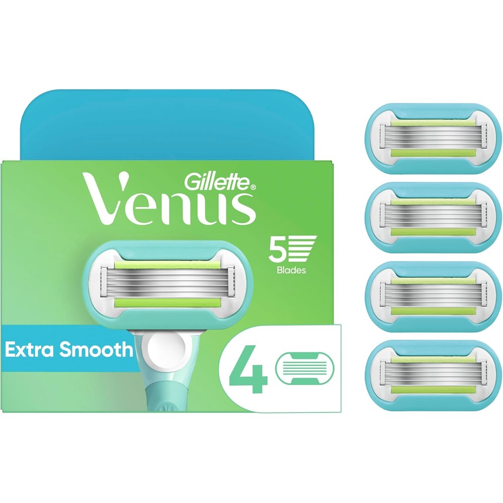 Gillette Venus Extra Smooth Womens Razor Blade Refills front packaging view showcasing the four count pack.