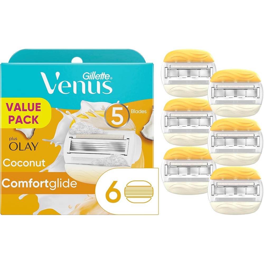 Gillette Venus ComfortGlide Olay Coconut Womens Razor Blade Refills 6 Count front packaging view