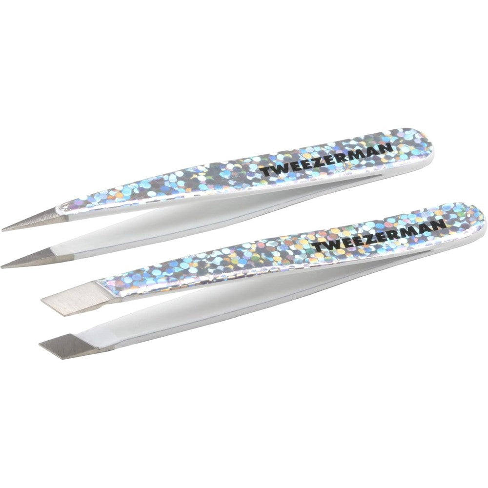 Tweezerman Hollygraphic Micro Mini Slant and Point Tweezer Set front view showing two shiny holographic premium grooming tools