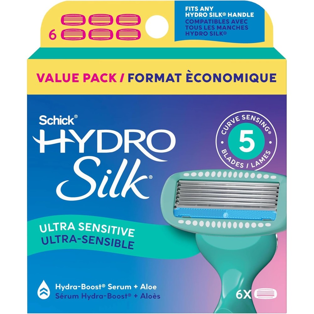 Schick Hydro Silk Sensitive Care women razor blade refills 6 count pack front view