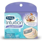 Schick Intuition Pure Nourishment razor refills 3 count package front view displaying the four-blade cartridge system
