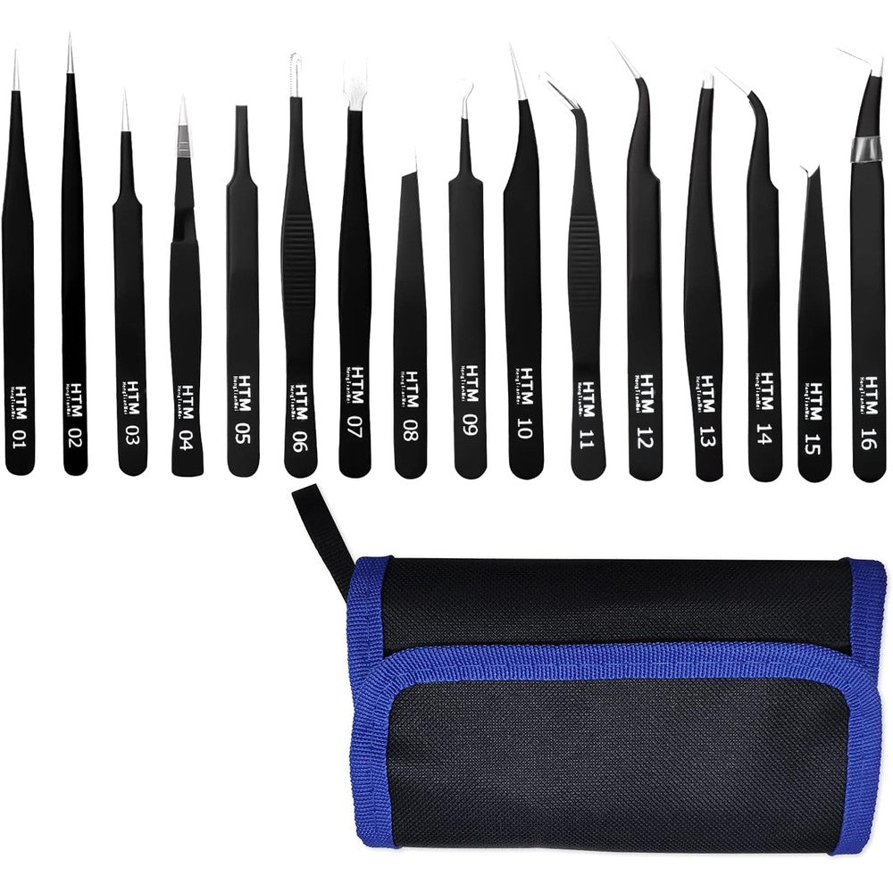 HengTianMei 16 piece sharp precision tweezers set front view displaying full collection of anti static tools