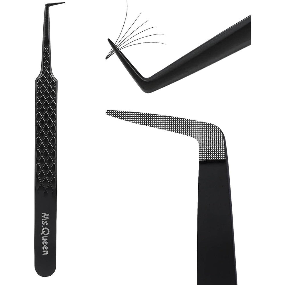 Ms.Queen Lash Tweezers front view showing the ninety degree fiber tip
