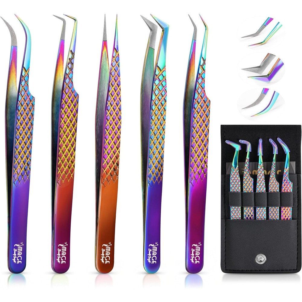 Image Beauty Insight professional eyelash extension tweezer set showing front view of five rainbow titanium tools inside a leather case.