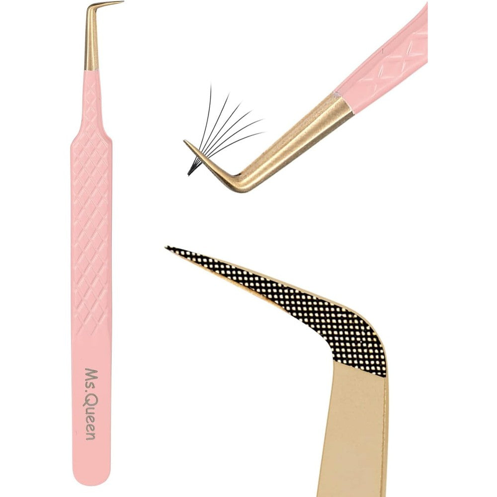 Ms.Queen 90 Degree Lash Tweezers front view showcasing pink diamond cut handle