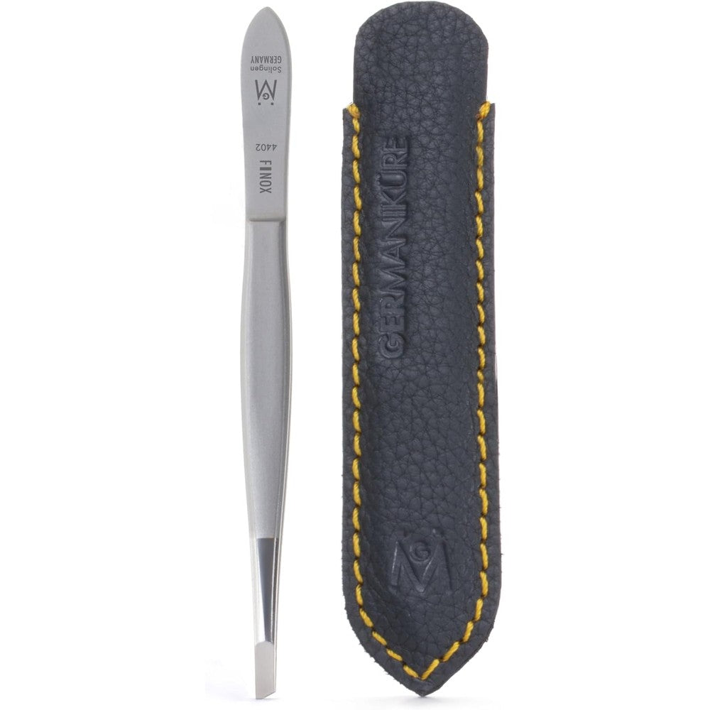 GERmanikure slanted tweezers front view showing matte finish stainless steel