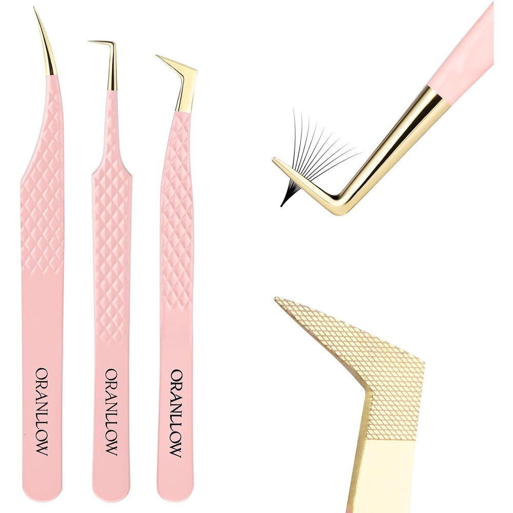 Oranllow precision lash tweezers set front view showing three pink and gold professional tools
