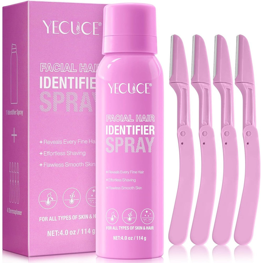My Store Hair Identifier Spray front view bottle with dermaplaner razors for precision facial shaving.