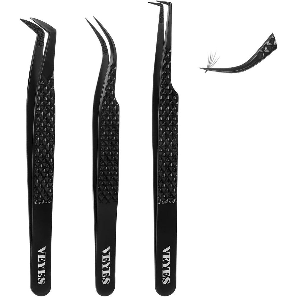 VEYES INC Lash Tweezers Noir Kit front view of three black professional stainless steel eyelash extension tools displaying fiber tips