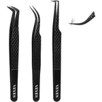VEYES INC Lash Tweezers Noir Kit front view of three black professional stainless steel eyelash extension tools displaying fiber tips