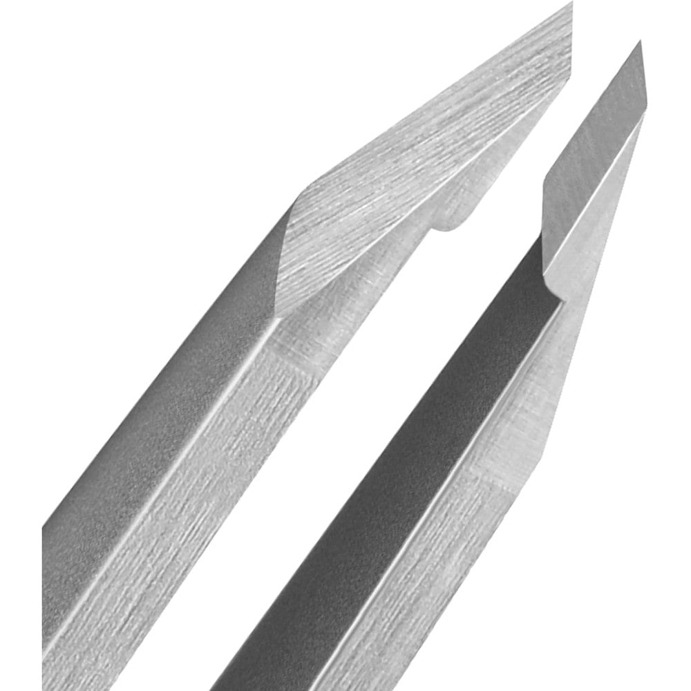 NILIYA precision slant eyebrow tweezers front view in silver finish with matching protective travel case