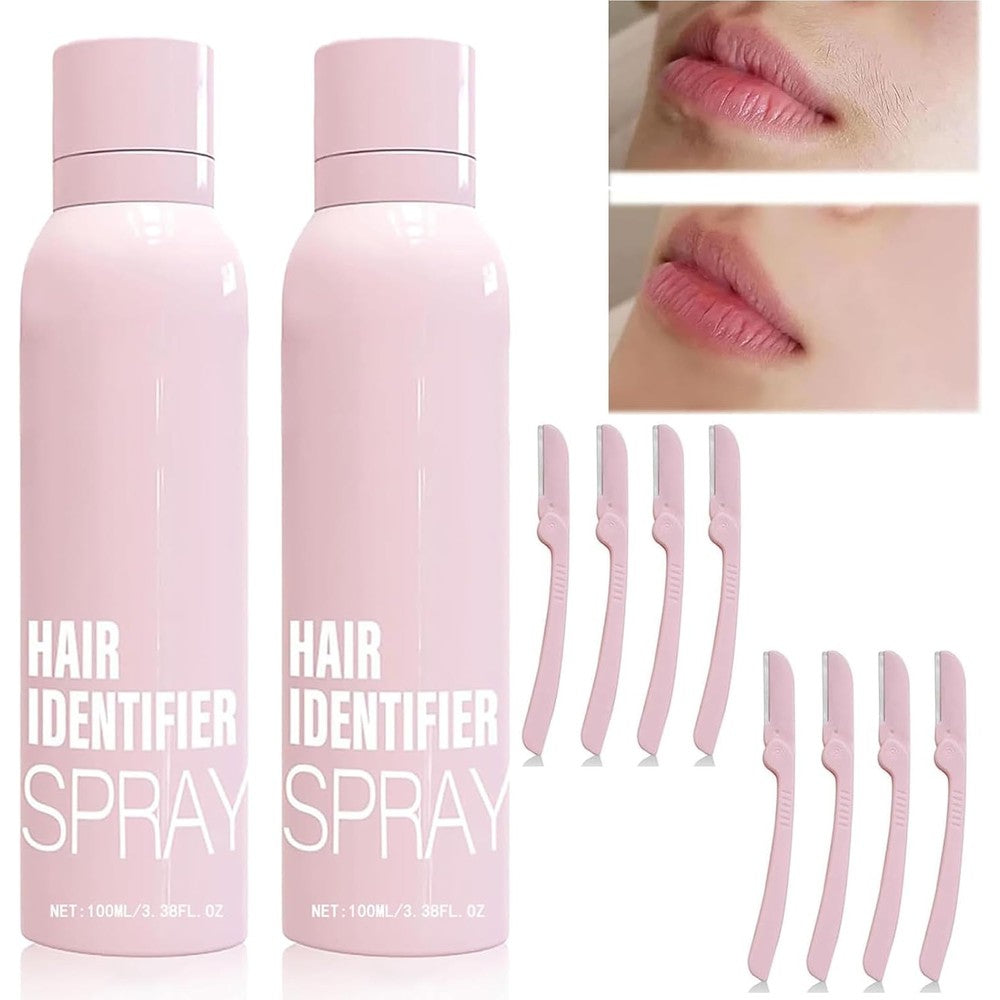 Cheferyn Hair Identifier Spray twin pack with four pink facial razors front view
