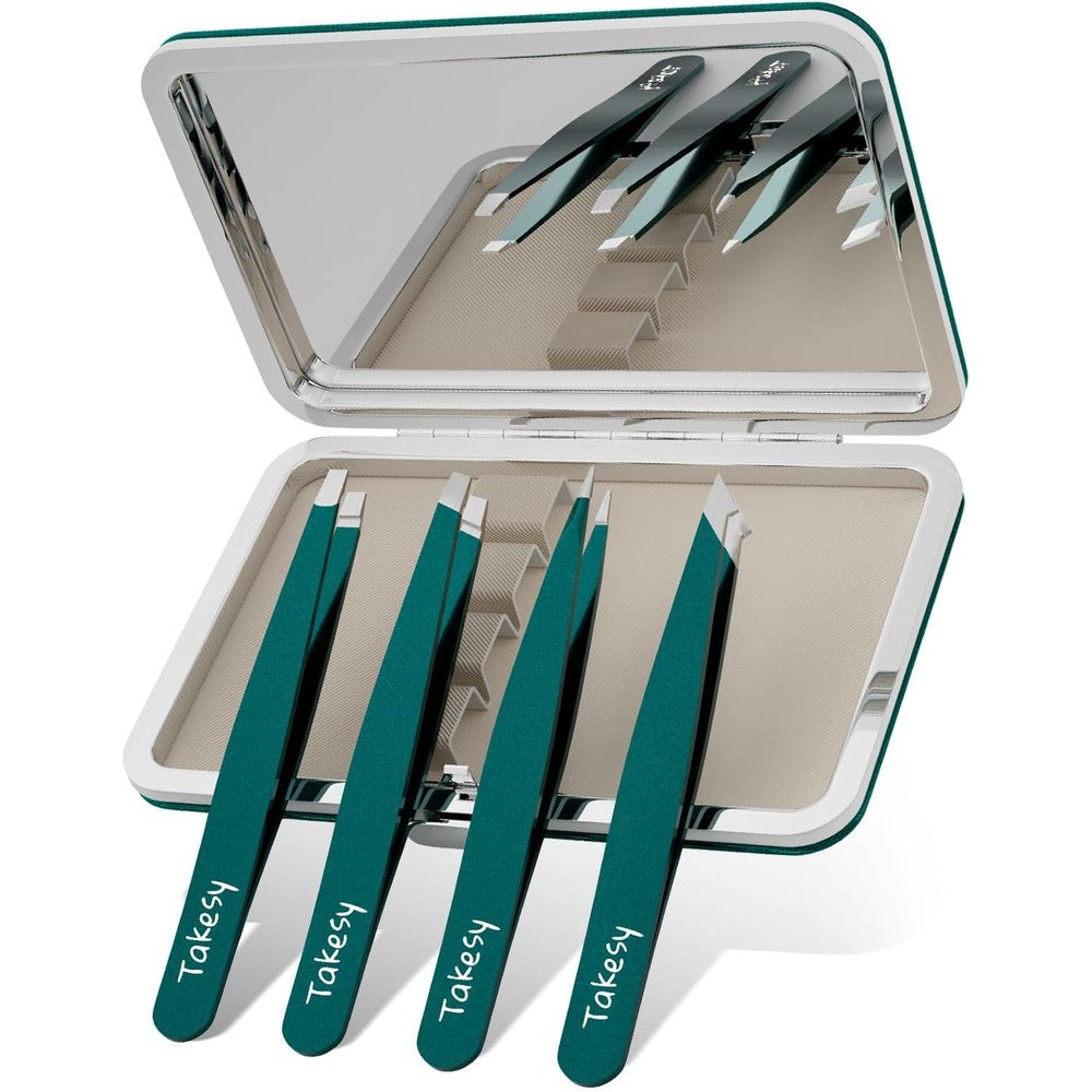 Takesy premium stainless steel precision tweezers set in green travel mirror case front view