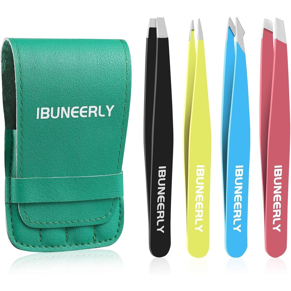 iBuneerly 4-piece stainless steel eyebrows tweezers set displayed inside open green leather travel case front view