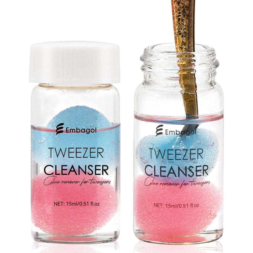 TsMADDTs tweezer cleanser front view showing two bottles with sponge balls inside.