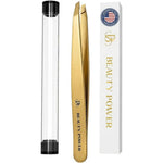 Beauty Power professional slant tweezers front view in matte gold finish