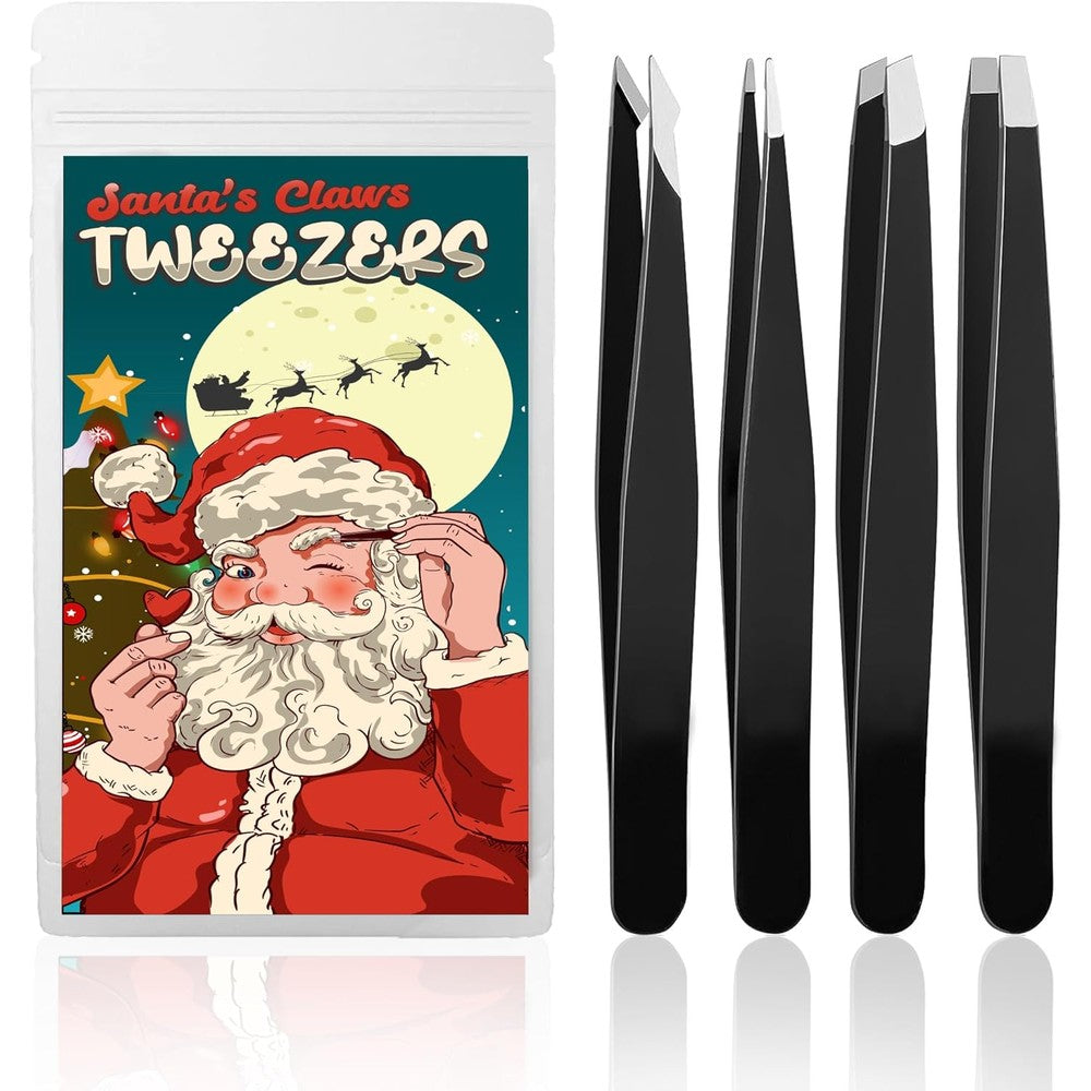 Zalik 4-pack stainless steel tweezer set front view showing four black precision grooming tools.