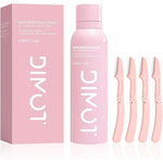 Lezero Hair Identifier Spray front view of the four fluid ounce aerosol bottle alongside dermaplaning tools.