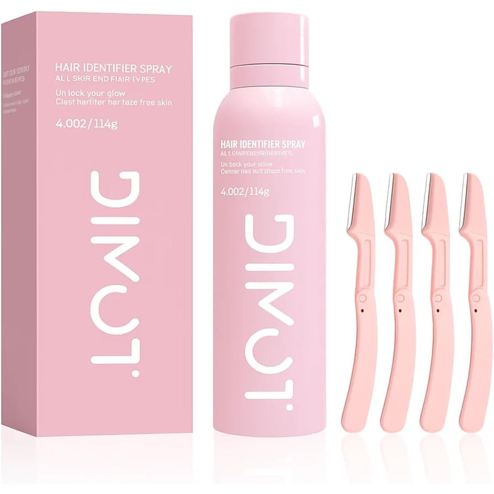 Lezero Hair Identifier Spray front view of the four fluid ounce aerosol bottle alongside dermaplaning tools.