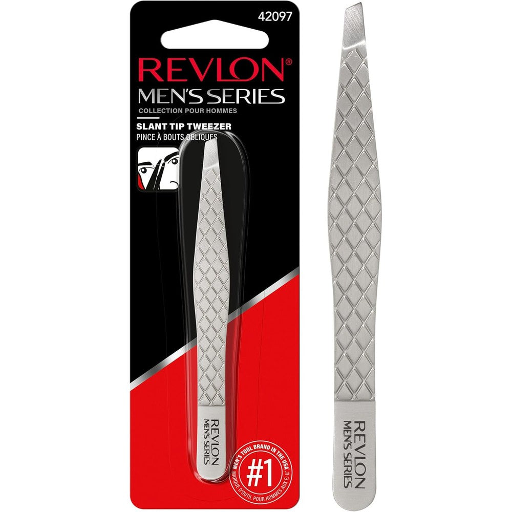 Revlon Mens Series Slant Tip Tweezer front view showing stainless steel body