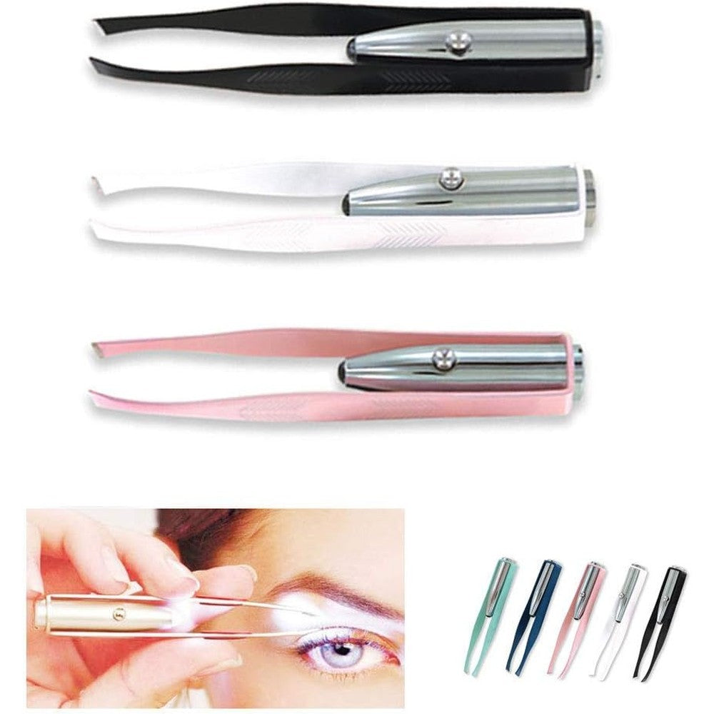 1st Choice stainless steel LED light tweezer front view showing the built in spotlight between the blades for precision eyebrow shaping
