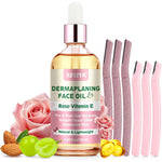 Xifepfr Dermaplaning Kit front view showcasing the pink facial razors and rose face oil bottle.