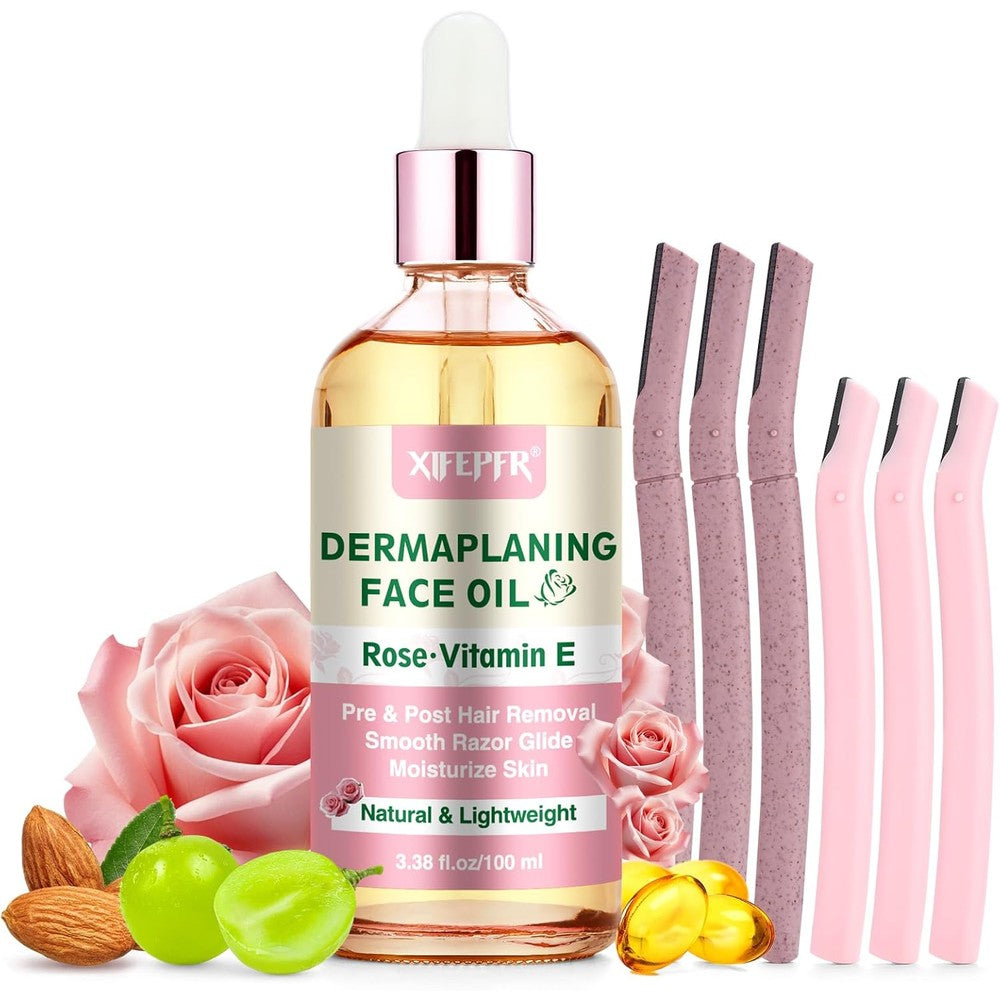 Xifepfr Dermaplaning Kit front view showcasing the pink facial razors and rose face oil bottle.