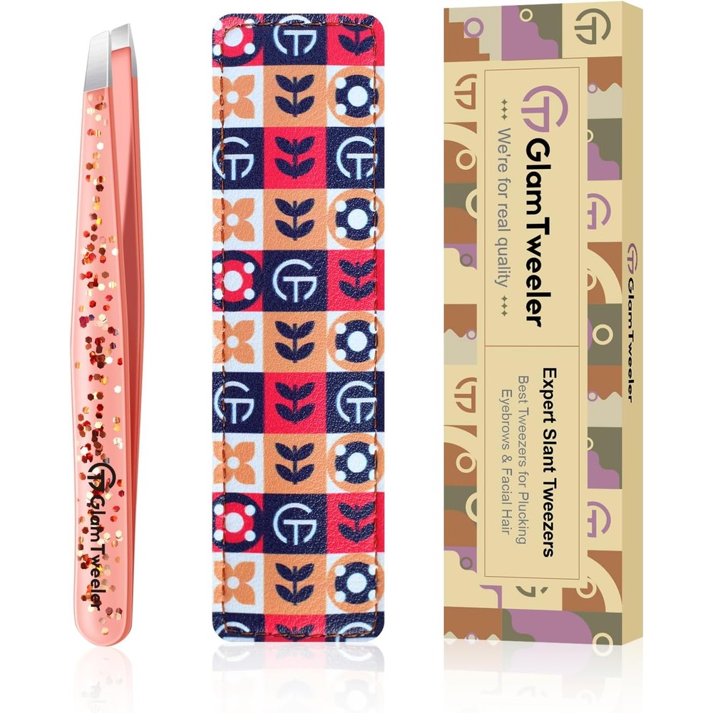 GlamTweeler Expert Slant Tip Tweezers front view in glitter rose gold with geometric leather case