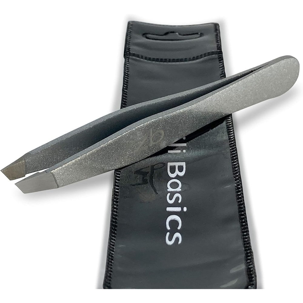 Zizzili Basics Slant Tip Tweezers front view in silver stainless steel finish