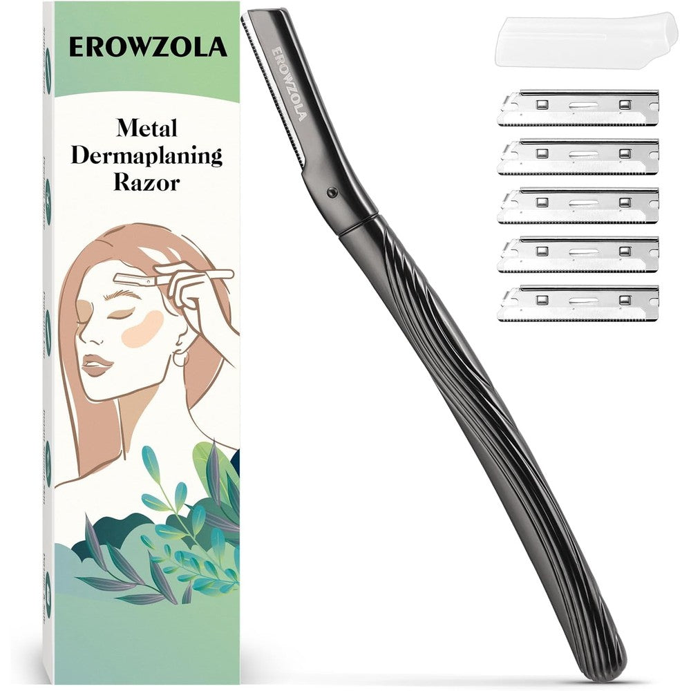 FlyTouch reusable metal eyebrow razor kit front view showcasing the premium black handle and protective cover.