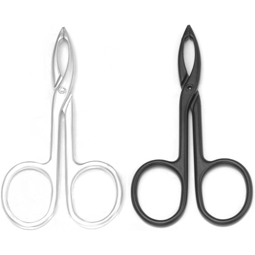 Motanar scissor handle eyebrow tweezers front view showcasing the silver and black two piece set on a clean background.