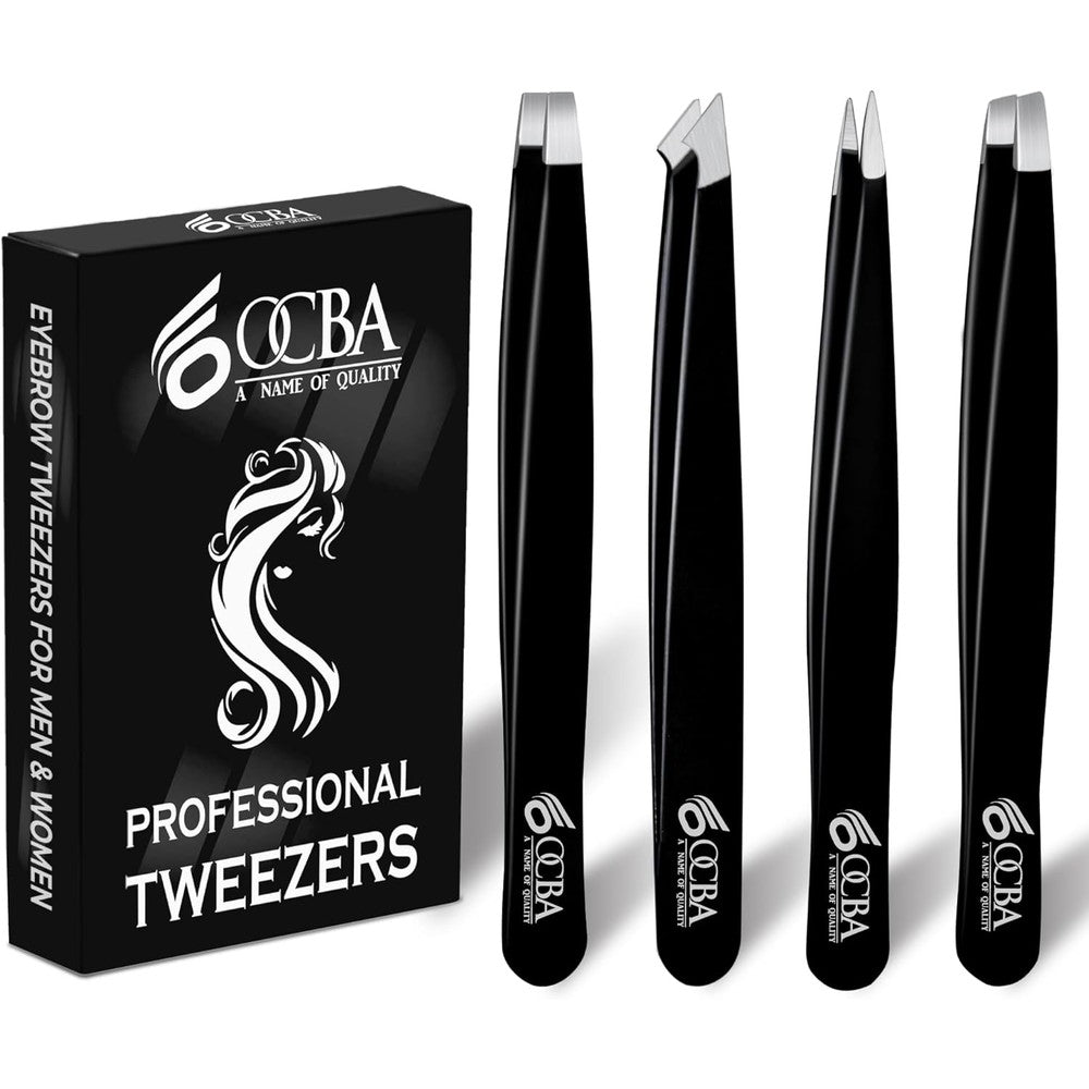 OCBA Professional Precision Eyebrow Tweezers Set front view showing four black stainless steel tools