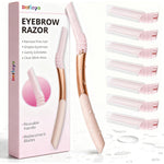 Derloyo eyebrow and face razor for women front view showcasing the rose gold reusable metal handle.