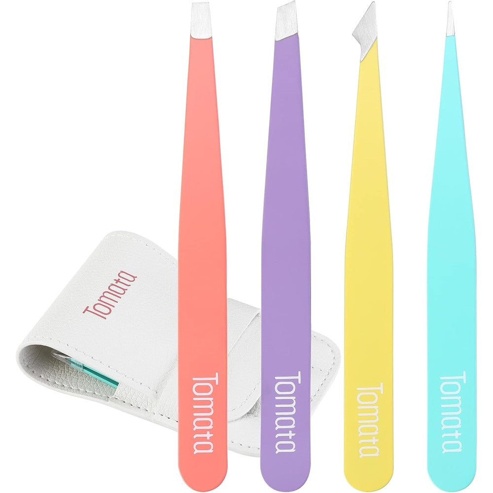 Tomata Precision Eyebrow Tweezer Set front view of 4-piece grooming kit in white leather case.