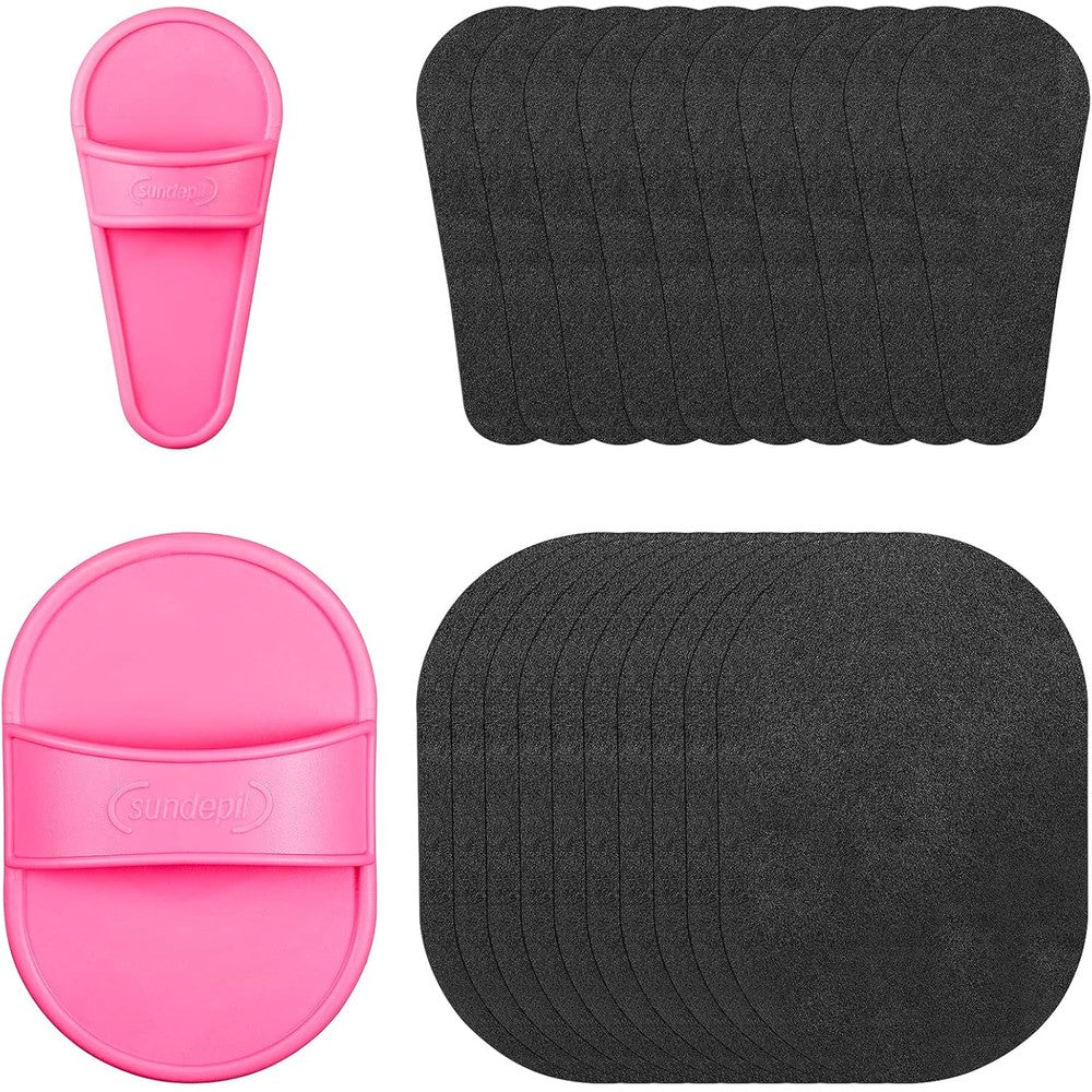 Chengu 62 Piece Crystal Legs and Facial Hair Removal Kit front view showing pink and black applicator pads.