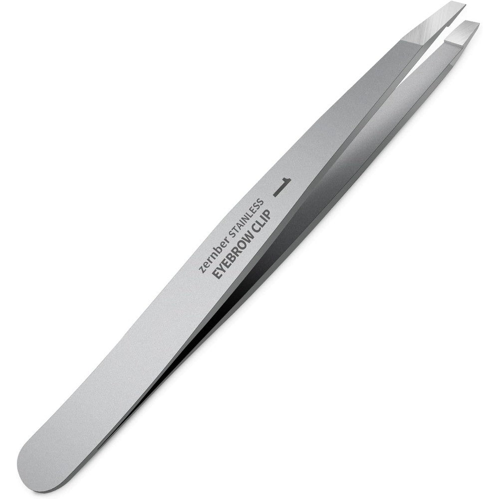 ZERNBER professional slant eyebrow tweezer front view showing silver stainless steel body