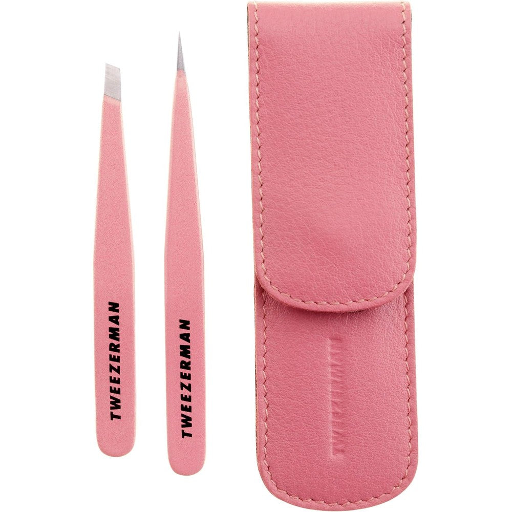 Tweezerman Exclusive Tea Rose Petite Tweezer Set front view showing pink slant and point tools