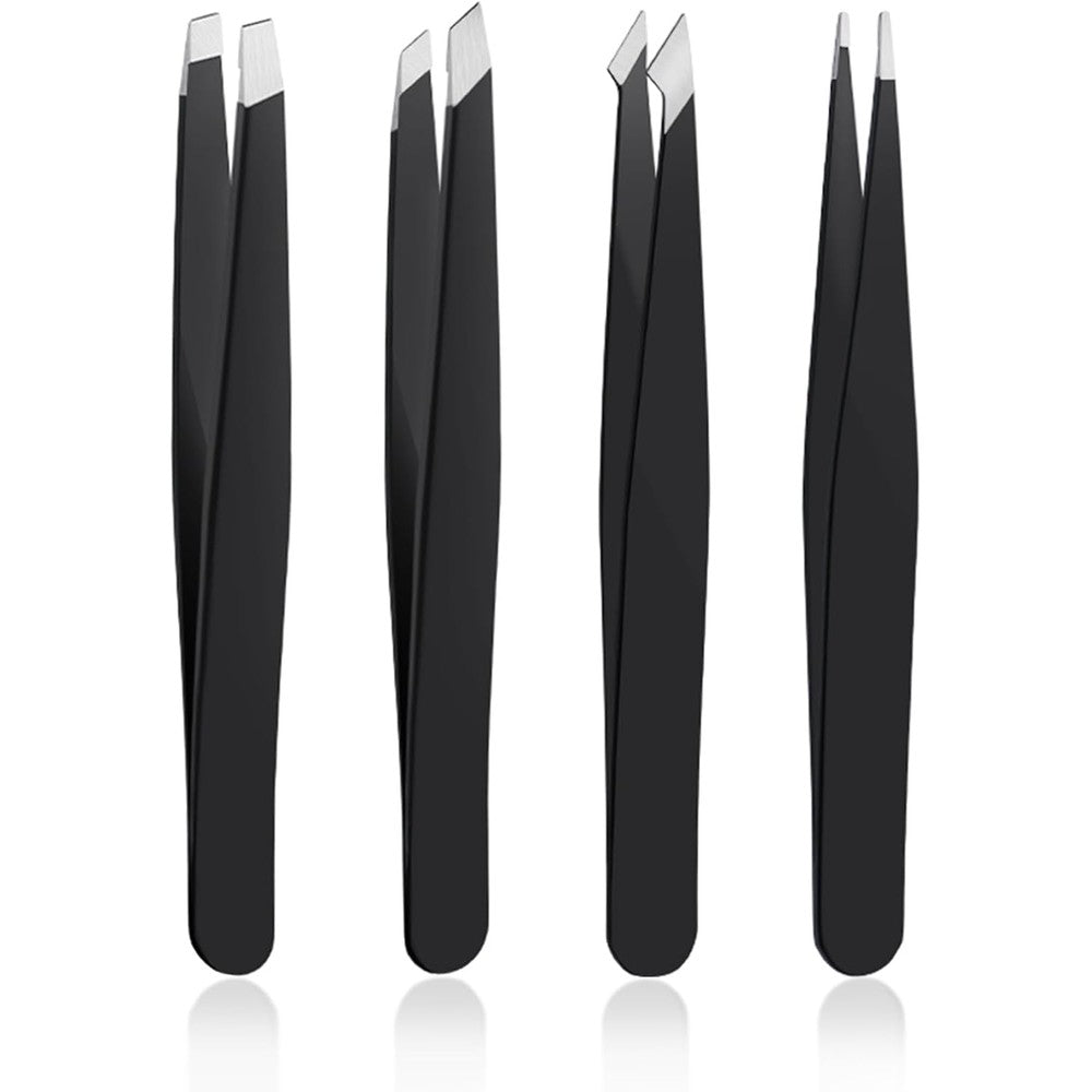 DTDNZKN 4 Piece Stainless Steel Tweezers Set front view showcasing the matte black finish precision tips.