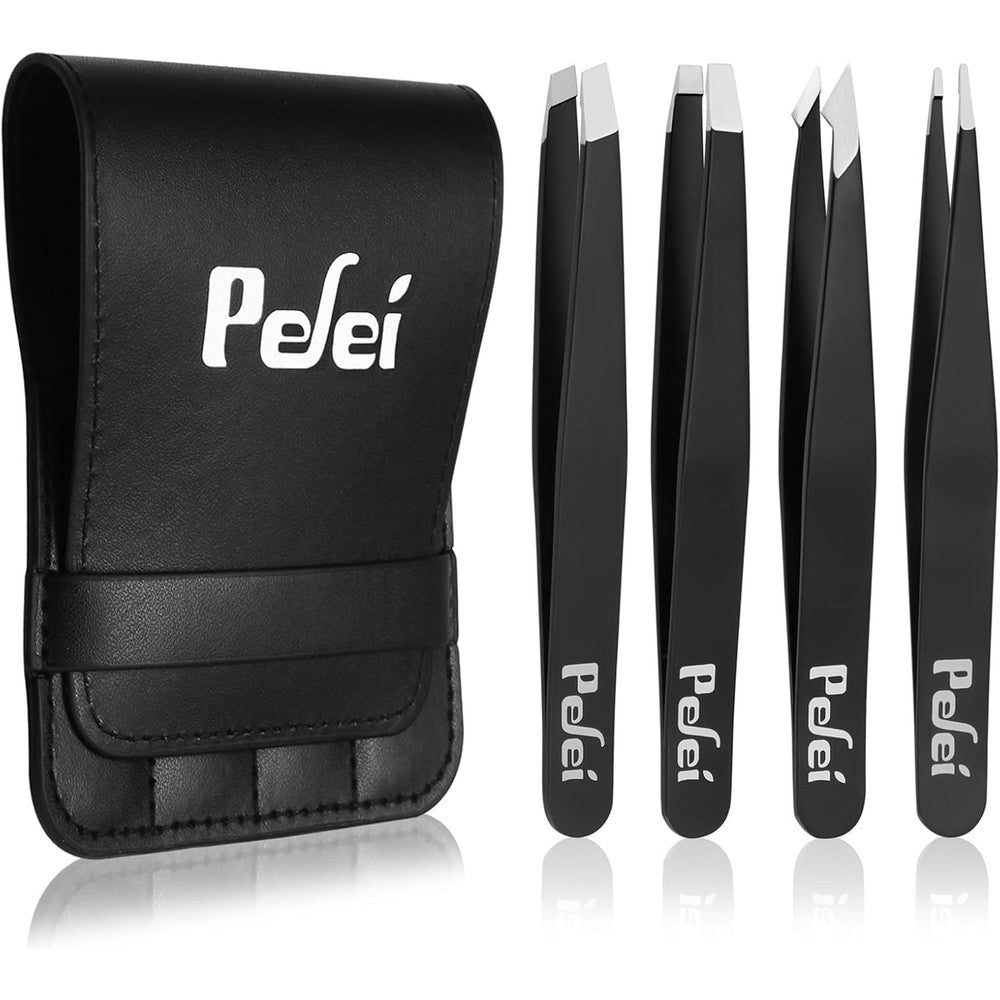 Pefei professional stainless steel tweezers set front view inside black leather travel case