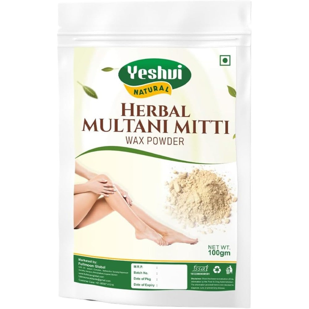 Yeshvi NATURAL Multani Mitti Waxing Powder front packaging view showcasing herbal hair removal benefits.