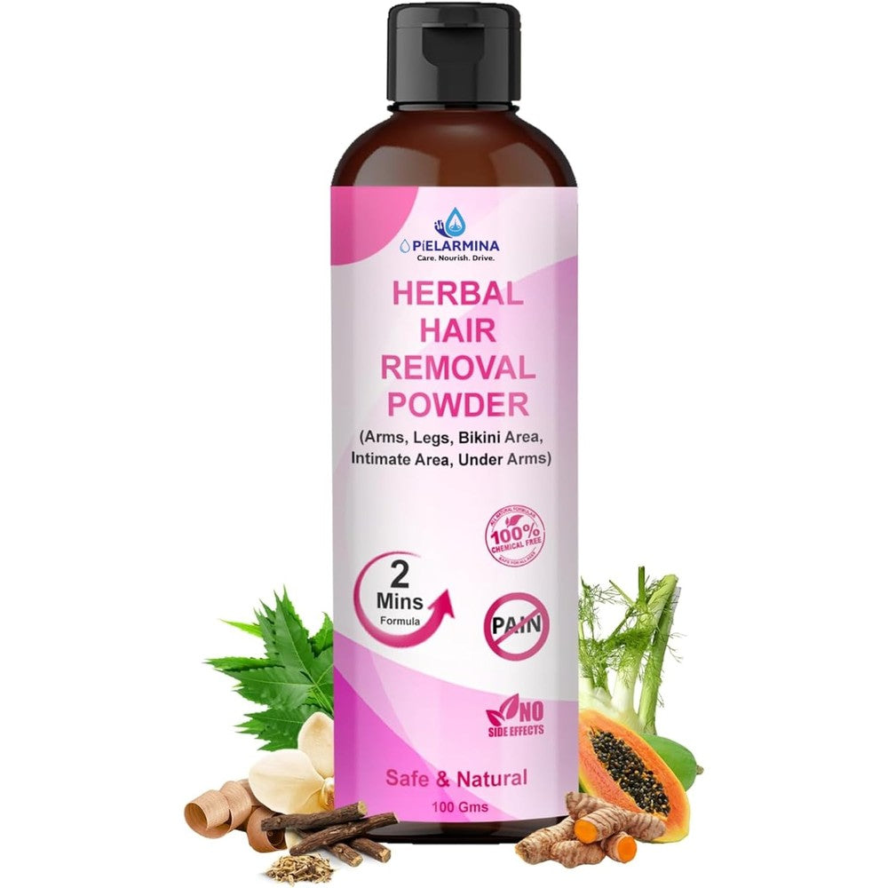 PÍELARMINA Herbal Hair Removal Powder 100 grams front view bottle packaging for sensitive skin grooming.