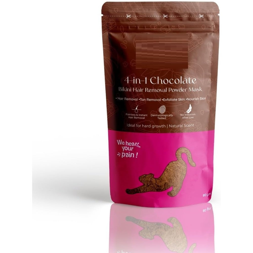 Meeoow Club 4-in-1 Chocolate Bikini Hair Removal Powder Mask front packaging view for painless intimate grooming.