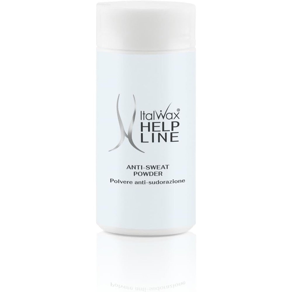 Italwax Help Line Anti Sweat Powder front packaging showing the thirty gram container for pre wax preparation.