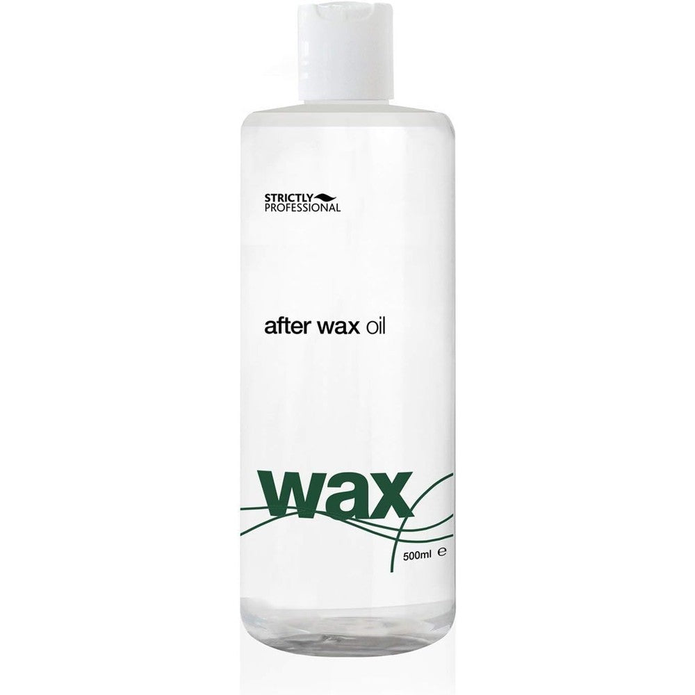 Strictly Professional After Wax Oil 500 Milliliter front view bottle showing clear liquid and white flip top cap