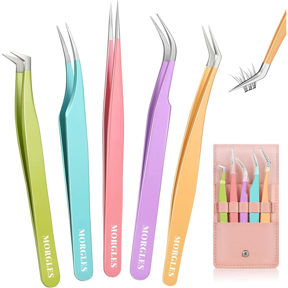 MORGLES high precision lash tweezers set inside open protective leather case front view