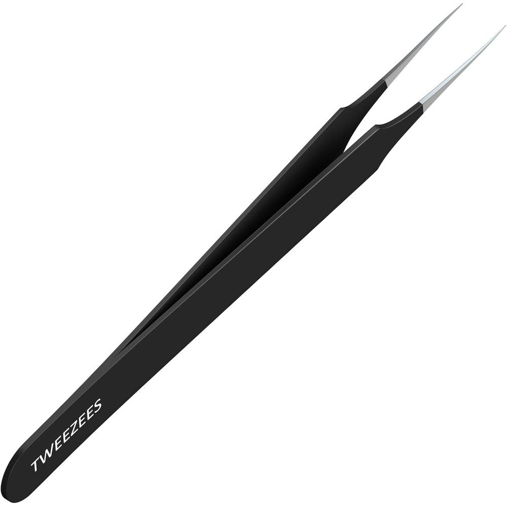 Tweezees professional pointed ingrown hair tweezers front view showing sharp black precision tips.